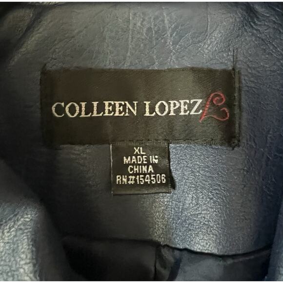 COLLEEN LOPEZ Blue Faux Leather Floral Embroidered Studded Zip Moto Jacket Sz XL - Picture 10 of 14